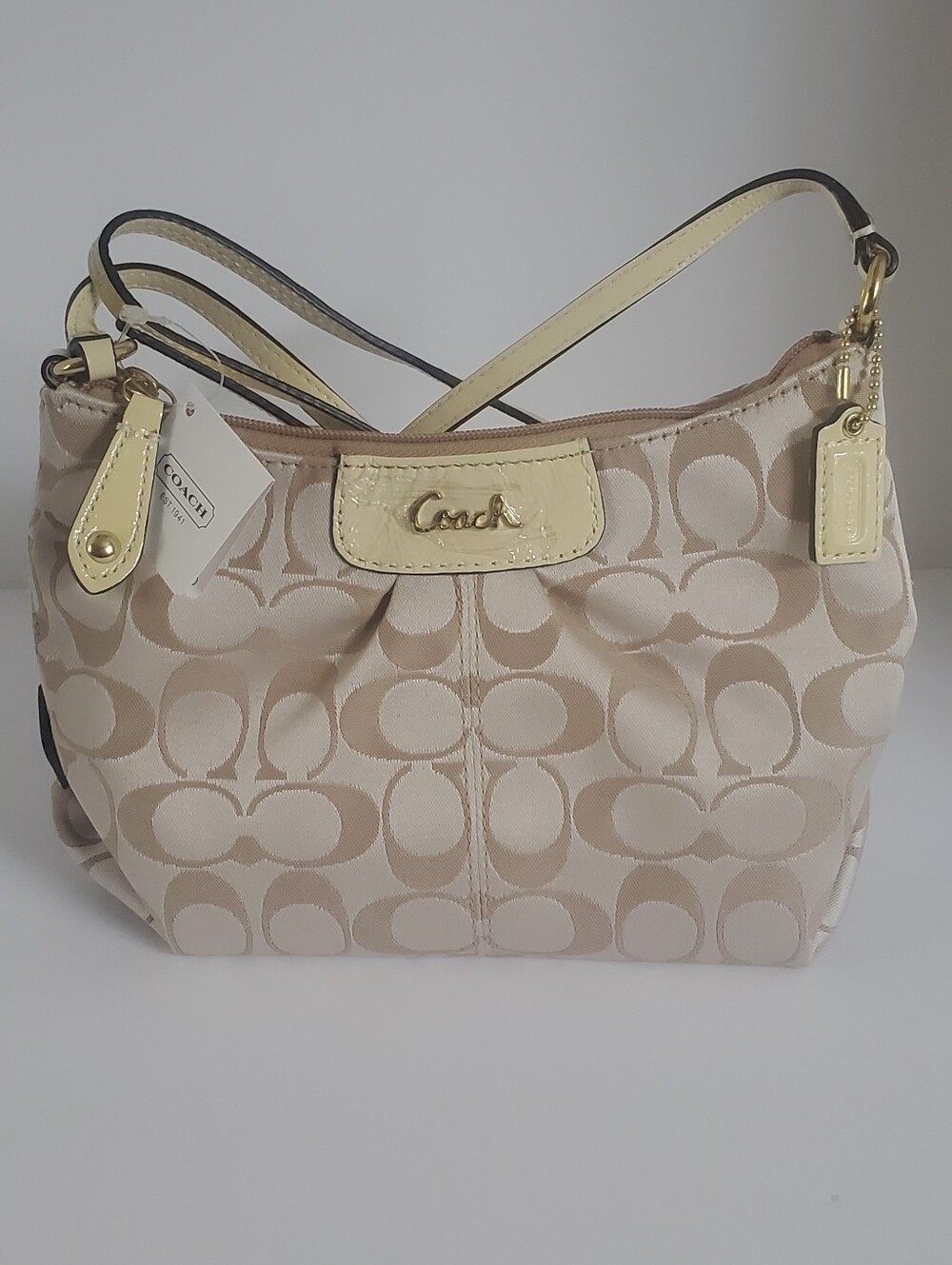 Authentic Coach Beige Signature Jacquard Handbag with Pale Yellow Trim (NWT)